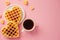 Fresh heart shaped waffles. Valentine's day breakfast treat