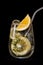 fresh home made lemon lemonade served for refreshment on black background, copy space, healthy dieting, well being