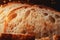 Fresh homebaked bread. Texture of sliced loaf of bread close up. Generative AI