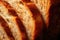 Fresh homebaked bread. Texture of sliced loaf of bread close up. Generative AI