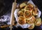 Fresh homemade buns on basket black background. Top view