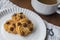 Fresh Homemade Chocolate Chip Cookie on the Table, Traditional Crispy Crunchy Snack with Coffee