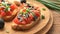 Fresh homemade crispy Italian Bruschetta with tomato, garlic and basil