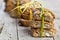 Fresh homemade Italian cookies cantuccini with almond seeds on ructic wooden table background