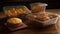 Fresh homemade muffins on rustic wooden tray, indulgent snack preparation generated by AI