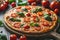 Fresh homemade pizza with tomatoes and basil on dark background