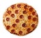 A fresh homemade three cheese pepperoni pizza, made with Parmesan, Mozzarella, and Gorgonzola, isolated on white