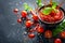 Fresh Homemade Tomato Sauce Splashing from Bowl with Basil on Dark Background