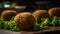 Fresh, homemade, vegetarian falafel on rustic wood generated by AI