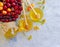 Fresh honey, cherry, vintage delicious golden healthy nutrition on a gray concrete background