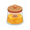 Fresh honey in glass jar with wooden lid and dipper. Organic food. Natural homemade product. Flat vector icon