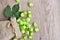 Fresh hop cones Humulus in bag with leaf on wooden background.