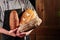 Fresh hot bread. Baker holds breads.