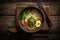 Fresh Hot Ramen Soup with Organic Egg and Vegetables on a Wood Table Top Down View