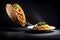 Fresh Hot Taco With Flying Ingredients Isolated On Black Background, Hot Ready To Serve And Eat Banner With Copy Sp. Generative AI