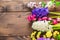 Fresh hyacinth flowers on wooden background.
