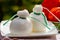 Fresh italian soft cheese burrata or burratina served on outdoor terrace in sunny day