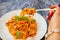 Fresh italy pasta on the plate foodphoto top above view tropical ctyle