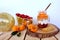 Fresh juice fruit and berry low-calorie mousse, dessert in glass with bubble tea, ripe apricots, cherry plums, pears, muesli bar,