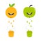 Fresh juice and glasses. Apple, orange fruit with faces. Smiling cute cartoon character set. Natural product. Juicing drops. Flat