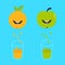 Fresh juice and glasses. Apple, orange fruit with faces. Smiling cute cartoon character set. Natural product. Juicing drops. Flat