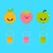 Fresh juice and glasses. Apple, strawberry, orange fruit with faces. Smiling cute cartoon character set. Natural product. Juicing
