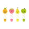 Fresh juice and glasses. Apple, strawberry, pear, orange fruit with faces. Smiling cute cartoon character set. Natural