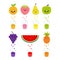 Fresh juice and glasses. Apple, strawberry, pear, orange, grape, watermelon, pineaple fruit with faces. Smiling cute