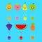 Fresh juice and glasses. Apple, strawberry, pear, orange, grape, watermelon, pineaple fruit with faces. Smiling cute cartoon chara