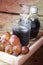 Fresh and juice grapes on wooden table