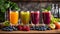 Fresh juice from various fruits raw mixed refreshing yummy banner concept antioxidant