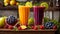 Fresh juice from various fruits raw ripe refreshing yummy banner concept antioxidant