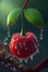 Fresh juicy cherries with water drops on dark light background. Generative AI