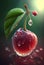 Fresh juicy cherries with water drops on dark light background. Generative AI