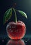 Fresh juicy cherries with water drops on dark light background. Generative AI