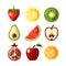 Fresh juicy fruit flat icons isolated on white background. Strawberry, lemon, qiwi, watermelon and other fruits in one