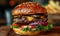 fresh juicy hamburger with beef meat, grilled cheeseburger with onion and tomato, classic american fast food burger