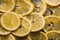 Fresh juicy lemon fruit rings close up background.