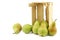 Fresh juicy migo pears in a wooden box