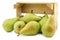 Fresh juicy migo pears in a wooden box