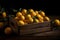 Fresh and juicy oranges in a crate, arranged on a dark background. Green leaves create a beautiful contrast.