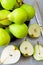 Fresh juicy pears in a bowl. Halves of pears in a bowl.