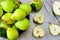 Fresh juicy pears in a bowl. Halves of pears in a bowl.