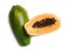 Fresh juicy ripe papayas on white background, top