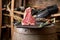 Fresh, juicy seasoned t-bone steak in a standing position on a grill pan with a hunting knife next to it, in the restaurant