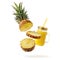 Fresh juicy tropical fruit pineapple  and smoothie glass jar flying isolated on white