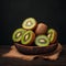 Fresh kiwi fruit arranged on rustic wooden background, juicy slices