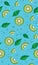 Fresh kiwi slices, leaves and seeds seamless pattern.