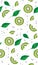 Fresh kiwi slices, leaves and seeds seamless pattern. Realistic illustration