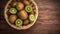 Fresh Kiwis in the basket. A basket with a handle with Kiwi on a wooden table on a light background.